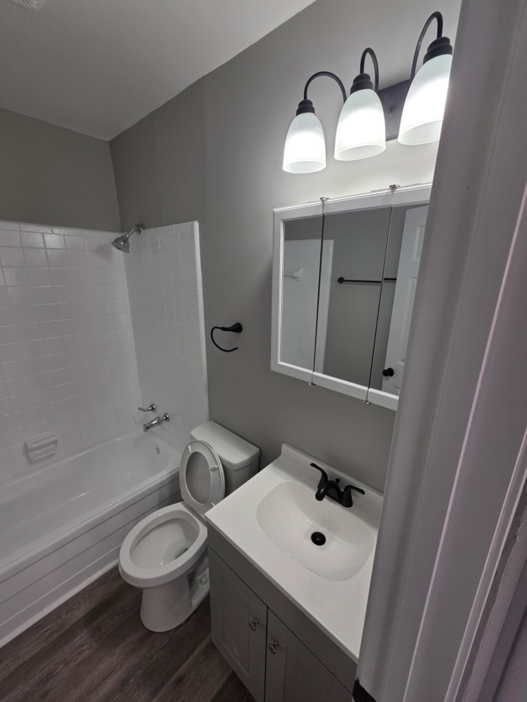 Updated bathroom with white tile tub and shower combo, modern vanity and gray walls inside a 1 bedroom apartment at Mill Gardens Apartments in Warner Robins GA